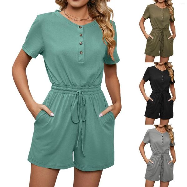 Chandails pour femmes printemps et été couleur unie ample manches courtes boutonné poche Onesie