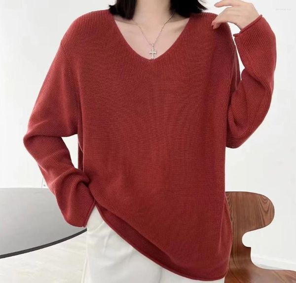 Suéteres de mujer primavera otoño Casual Color sólido cuello en V suéter tejido mujer suelta manga larga Tops finos Oficina señora