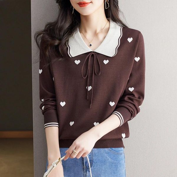 Pulls pour femmes Printemps Automne Love Print Turn Down Collier Bow Décorer Pulls Femmes Tricot Jumper Vintage Knitwear Tops Pull Femme