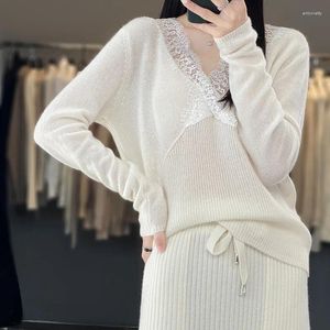 Pulls pour femmes printemps automne pure laine mérinos femmes pull chaud col en v dentelle volants tricot pull décontracté doux hauts