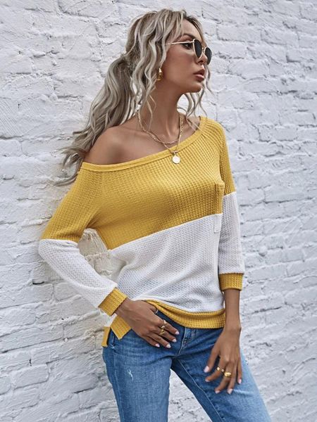 Suéteres de mujer, suéter tejido informal de manga larga para primavera y otoño, jersey para mujer, Top ajustado de punto amarillo para invierno