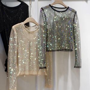 Suéteres para mujer Primavera Otoño Señoras Glitter Rhinestone Cuello redondo Manga larga Brillante Bling Fishnet Hollow Out Mesh Camisa brillante TopWome