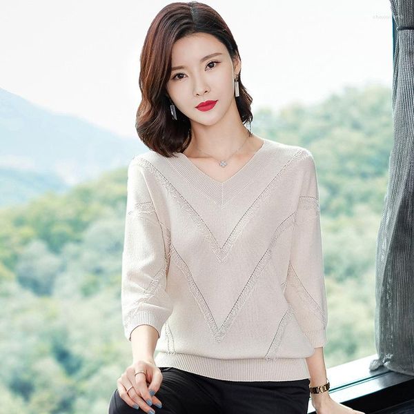 Chandails pour femmes printemps été pull coréen couleur Pure col en V mince pulls tricotés femme trois-quarts manches haut H9321