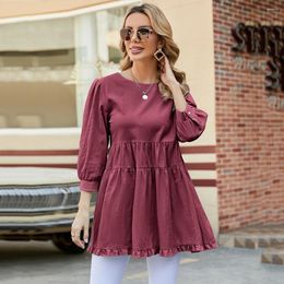 Dames truien lente vrouw o nek ruche splicing tops casual los driedelte kwart mouw vrouwen grote swing bordeaux groene pullover top