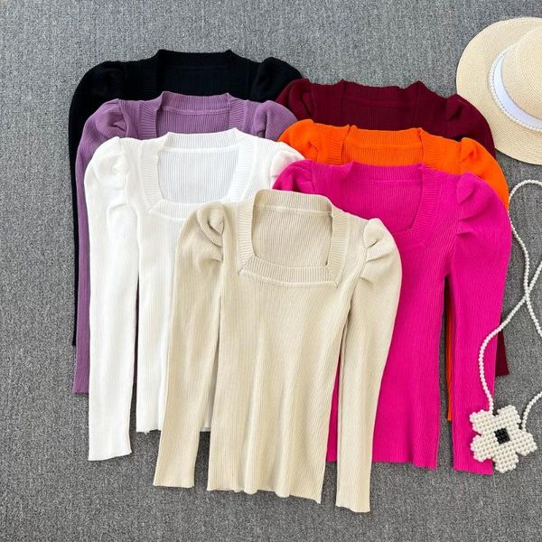 Suéteres de mujer Sqare CollarAutumn Winter Sweater Jumper Mujer Full Puff Sleeve Bottoming Knitted Pullovers para mujer