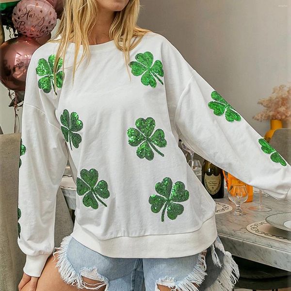 Pulls pour femmes St Patty's Day Costume Sweat-shirt à paillettes Motif Shamrock à manches longues et col rond