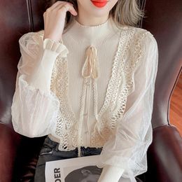 Damestruien hebben een blouses met lange mouwen Koreaans stand kraag mesh chiffon shirt vrouwen zachte ruche stropdas gebreide shirts tops blusasw