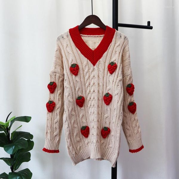 Suéteres de mujer fresa 3D tejido mujer suéter pulóveres invierno de gran tamaño suelto Casual Kawaii otoño señora jerséis ropa