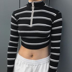 Pulls pour femmes rayé coréen Designer pull automne à manches longues noir tricoté dames piste pulls haut court 2021 vêtements en gros W