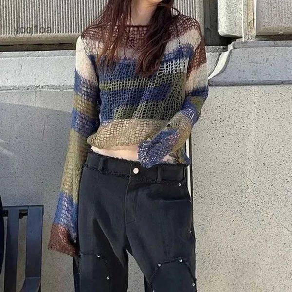 Maglioni da donna a righe leggero aperto sul retro pullover maglione lavorato a maglia autunno scavato trasparente trasparente maglieria da donna sexy color blockL231026