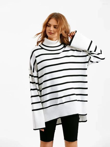 Pulls pour femmes Pull rayé Pull Femme Automne Hiver Printemps Simple Pulls en tricot Jumper Casual épais chaud noir blanc basique