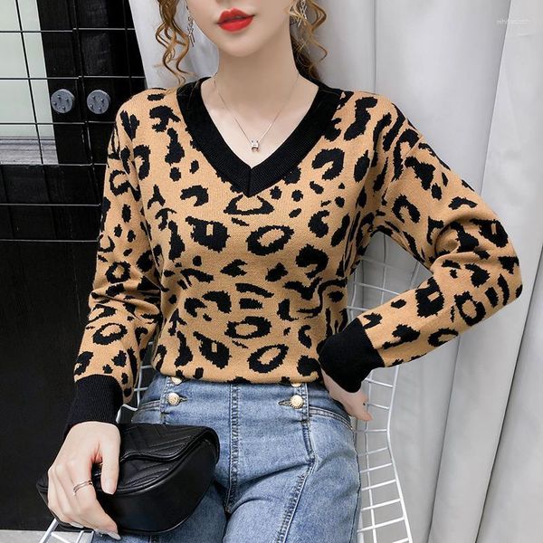 Suéteres para mujer Sueter Mujer con cuello en V Suéter de leopardo Top de manga larga Vintage Jersey Y2k Ropa Jumper Casual Prendas de punto Pull Femme