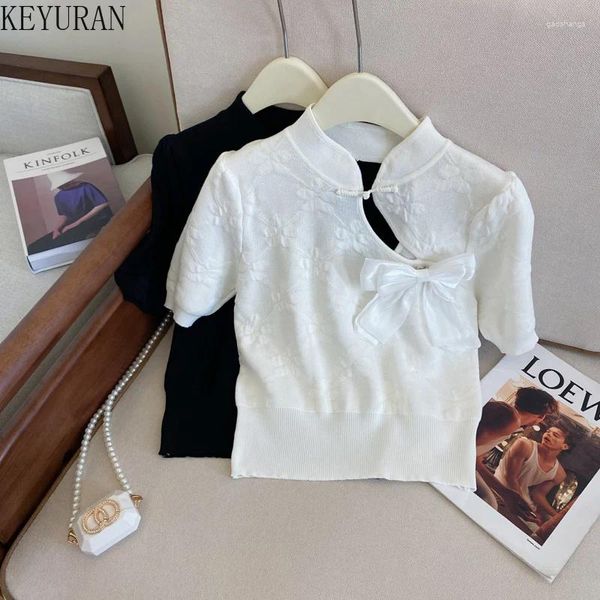 Ponts de femme Summer Summer Chinese Style Stand Collar Bow Pull Pullor vintage Chic Blancheur Blanter Couper à manches T-shirt t-shirt