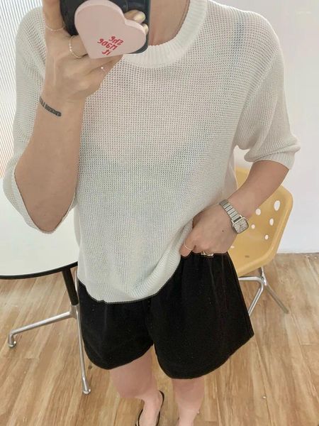 Pulls pour femmes Été manches courtes Lin Top en tricot Femmes 2023 Grande qualité Femelle Pure Demi Semi Sheer Mince Casual Knitwear Pulls