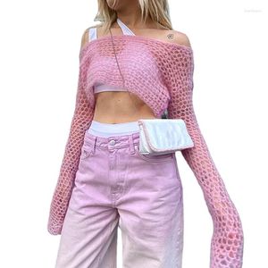 Pulls pour femmes été Streetwear femmes évider Sexy tricot doux rose clair mince court Blouse dames pulls