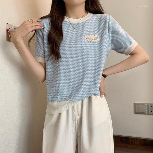 Pulls pour femmes été élégant élégant perle tricoté t-shirt pull femmes mode Chic coréen dames tricots pull à manches courtes col rond