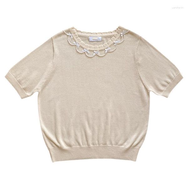 Pulls pour femmes été Vintage à manches courtes tricoté femmes pull perlé perle filles mignon hauts Kawaii coréen mode jaune pull