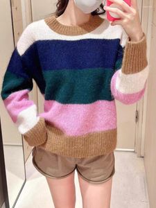 Damessweaters Super chique casual losse gebreide trui Ronde hals Pullover Gemengde kleuraanpassing Temperament Dames