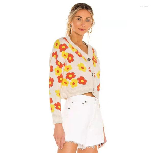 Suéteres de mujer, suéter con estampado Floral, cárdigans tejidos con cuello en V, ropa informal holgada para mujer, ropa de manga larga para mujer dulce que combina con todo