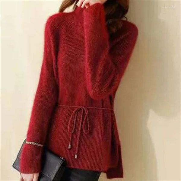 Frauenpullover Pullover Frau Herbst Winter High Neck Reine Farbe Spitze-up Unregelmäßige Pullover Gestrickte Top Lose Mode Weibliche Kleidung ZM444