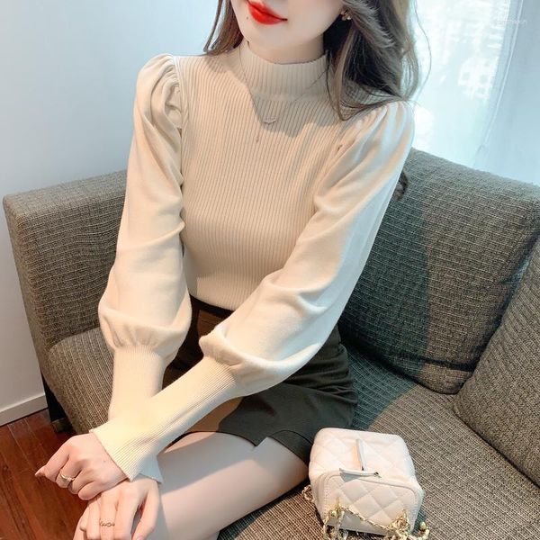 Suéteres de mujer Suéter de mujer Medio cuello alto Manga de linterna Color sólido Top de punto Jersey Otoño e invierno Gota