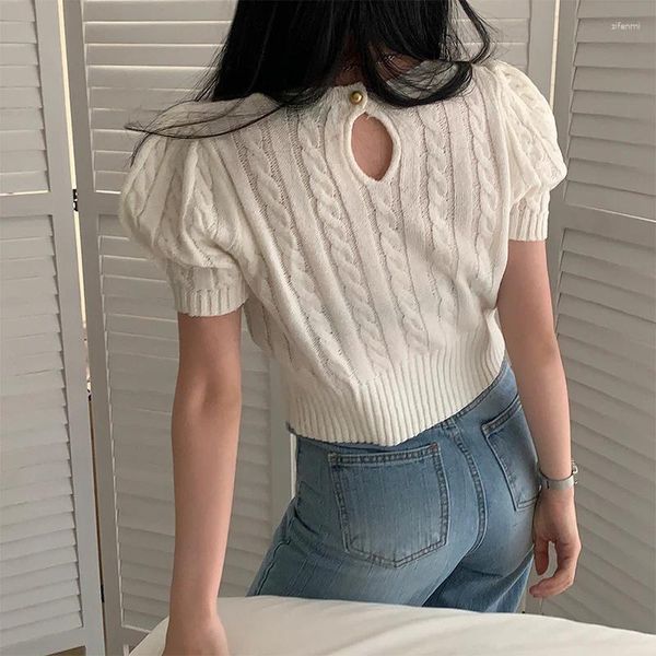 Suéteres para mujer Suéter Mujeres Jersey Jersey Blanco Camisas Back Hollow Out Twists Patrón Burbuja Manga corta Hielo Seda Prendas de punto Crop Top