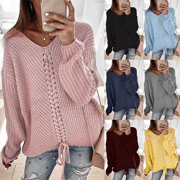 Pulls pour femmes Pull Femmes Solide Couleur V Cou Bandage Manches Longues Jumper Top Spandex Lâche Jersey MujerWomen's