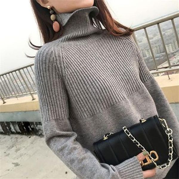 Pulls pour femmes pull femmes col roulé pulls solide extensible rayé haut coréen tricot grande taille automne 2023 vêtements d'hiver Beige kaki