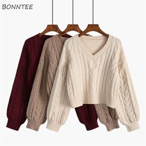 Damestruien Sweaters Vrouwen mooie pullover modekleding twist vintage v-neck solide all-match herfst dagelijkse college bijgesneden gebreide kleding 221006