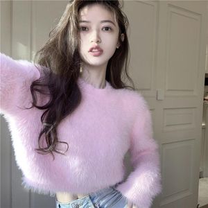 Chandails pour femmes Doux Faux Vison Poilu Pull Pull Pour Femmes O Cou À Manches Longues Lâche Court Dame Casual Doux Chaud JumperWomen's