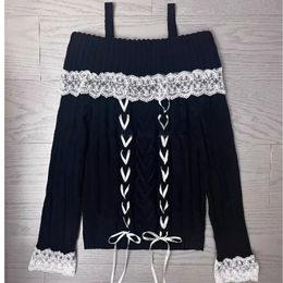 Dames truien zoete lolita stijl gebreide pullover dames schattige off schouder kanten ruffles verbanden boog trui harajuku girls kawaii knitwear