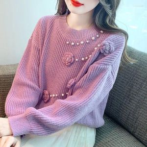 Pulls pour femmes Sweet O-Cou Couleur Solide Épissé Perles Femme Vêtements 2024 Automne Hiver Lâche Tricoté Pulls Coréens Casual Tops