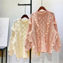 Pulls pour femmes Sweet Pink Pull Femmes Dentelle Volants Creux Out Pulls Printemps Automne Jumpers Mode Coréenne Lâche Top En Tricot Jersey Mujer