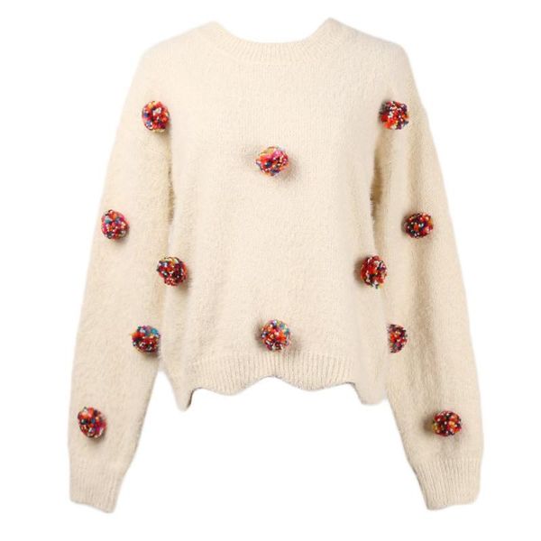 Suéteres de mujer Sweet Pullover Jumper Designer Hairball Patchwork O-cuello de manga larga Mohair Warm Knitted Sweater Mujeres Cute TopWomen's