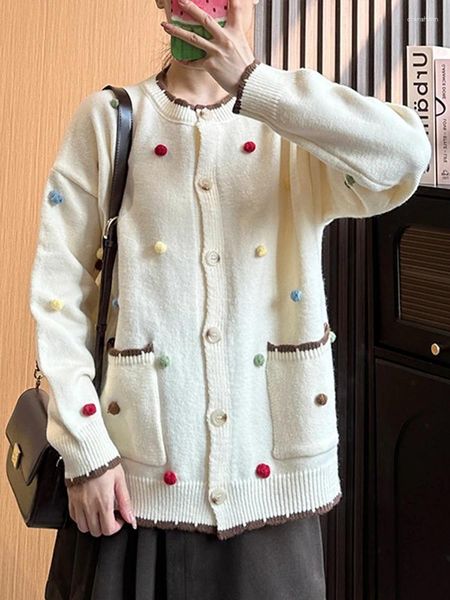 Suéteres de mujer Dulce decoración de mujer Bola de lana Cardigan Abrigo suelto Manga larga Bolsillo Suéter Chaqueta 2024 Otoño Invierno X668