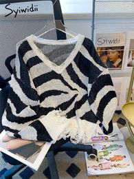 Damestruien Syiwidii Gescheurde gestreepte oversized trui voor dames Y2k Mode Crop Gebreide Truien Lange mouw V-hals Herfst Winter Truien