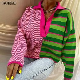 Chandails pour femmes Taotrees tricots pour femmes tricotés à manches longues Colorblock pull rayé et motif de vague pull pull pull J231110