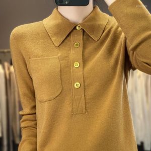 Pull Femme Tempérament Pull Col POLO Pull Printemps Automne Lâche Revers Demi Cardigan Avec Poche Versatile Fond