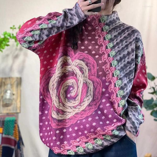 Suéteres de mujer Arte grueso Vintage Imitación Mujer Otoño Invierno Medio cuello alto Flores Impreso Jerséis sueltos Tops de punto Tide