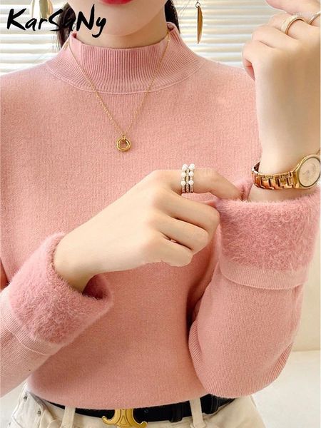 Pulls pour femmes épais col roulé en polaire pour femmes hiver pulls chauds rose à manches longues hauts pulls en velours