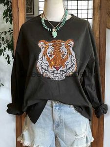 Suéteres de mujer Sudaderas con lentejuelas de tigre para mujer Casual Manga larga Cuello redondo Top Gráfico lindo Jersey suelto Trajes de otoño Jersey J231107