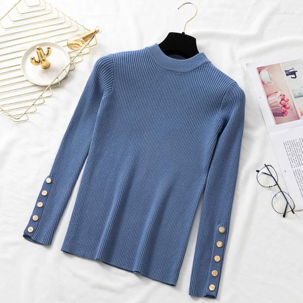 Pulls pour femmes TingyiLi Pull de mode coréenne avec bouton Slim Fit Pull Femme Automne Hiver Beige Bleu Noir Blanc Femme