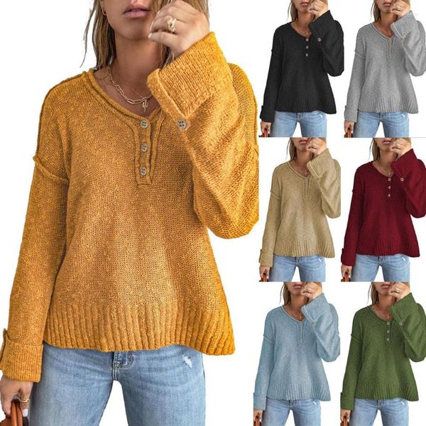 Suéteres de mujer Top 2023 Otoño e Invierno moda cuello redondo botón suelto sólido tejido fuera del hombro suéter Split Knit