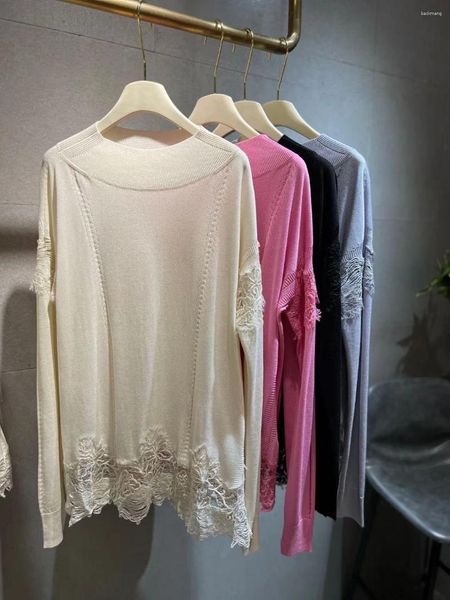 Suéteres de mujer Ropa blanca rosada de alta calidad 2023 Moda Mujeres Suéter gris Cashmere Sweet Girls Lace Vestido Beige Punto