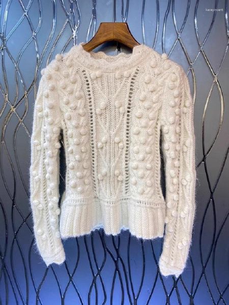 Pulls pour femmes Top qualité laine 2023 automne hiver pulls dames vintage boule crochet tricot à manches longues pulls blancs