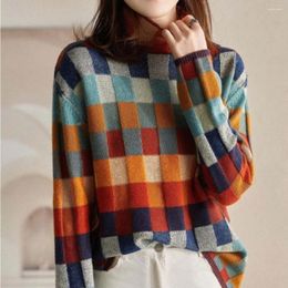 Pulls pour femmes Tops Femmes Casual Coloré Damier À Carreaux Chemise Tricotée Col Haut Slim Vêtements Extérieurs Contraste Couleur Pull