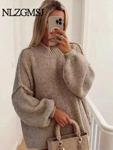 Suéteres de mujer TRAF 2024 otoño elegante suéter mujer suelta manga larga linterna o-cuello femenino tejido jersey grueso casual calle dama
