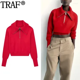 Chandails pour femmes TRAF 2024 Pull tricoté rouge Femmes Pulovers Zip Up Col roulé Recadrée Automne Manches longues Femme Pulls en tricot