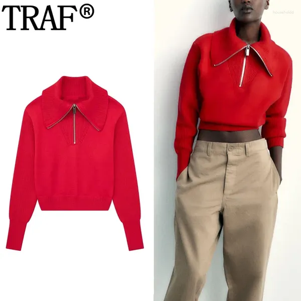 Suéteres para mujer TRAF 2024 suéter de punto rojo para mujer Pulovers con cremallera cuello alto recortado Otoño de manga larga jerseys de punto para mujer