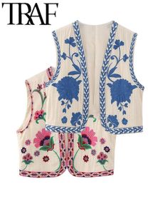 TRAF Zomer Vintage Bloemenborduurwerk Dunne Dames Truien Mouwloos Vest V-hals Slanke Truien Vrouwelijke Korte Crop Top Y2K 230922